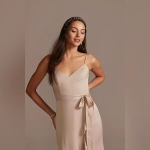 NWT David's Bridal “Biscotti” Ruffle Hem Maxi Dress with Waist Sash